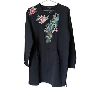 Driftwood Layla Black Sweatshirt Dress with Peacock Embroidery Size Large NWT